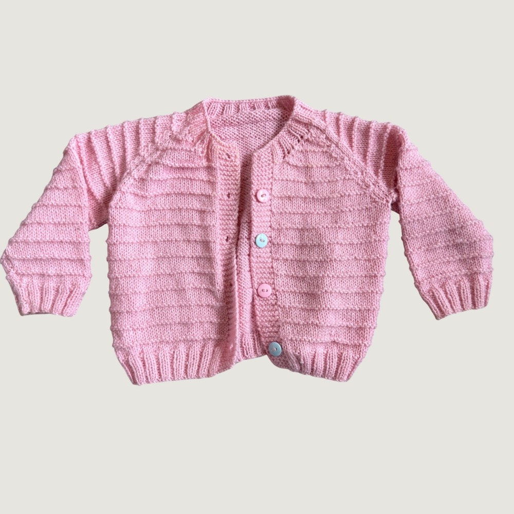 Handmade Pink Knit Baby Cardigan Ribbed Raglan Sweater Pastel Toddler Kids